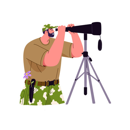 Man looking through spyglass, watching for smth and observing. Nature explorer with telescope on tripod exploring and studying smth. Flat vector illustration of naturalist isolated on white backgroundのイラスト素材