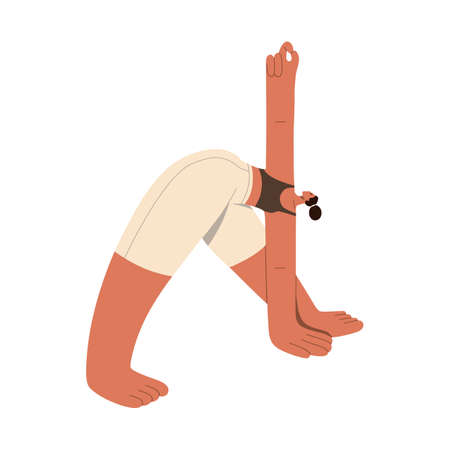 Woman practicing yoga exercise, standing in asana, triangle pose. Person doing body stretching workout. Female in Utthita trikonasana position. Flat vector illustration isolated on white backgroundのイラスト素材