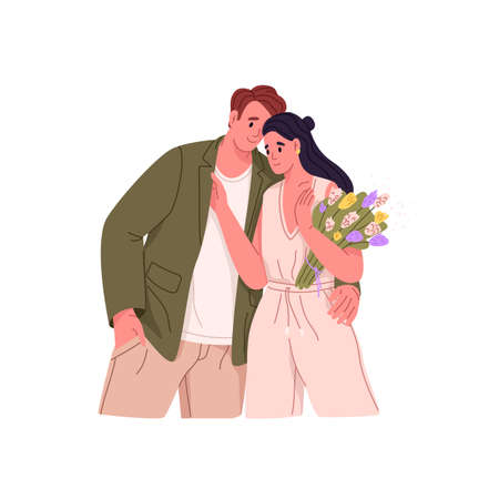 Happy love couple. Man hugging woman with flower bouquet. Partners in romantic relationships. Romance and courtship. Two enamored beloved people. Flat vector illustration isolated on white backgroundのイラスト素材