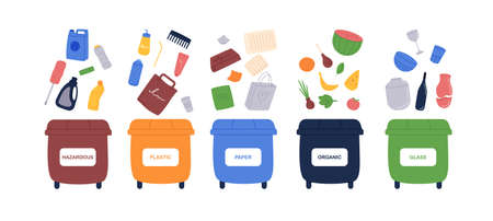 Set of trash containers of different colors for sorting garbage. Separating rubbish concept. Dumpsters for plastic, glass, and organic wastes. Flat vector illustration isolated on white backgroundのイラスト素材
