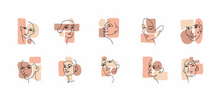 Abstract continuous thin line faces set. Trendy portrait sketches from curves. Fashion art. Modern hand-drawn heads of women, girls and men. Graphic vector illustrations isolated on white backgroundのイラスト素材