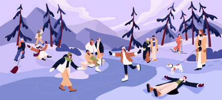 Outdoor winter fun. Happy adult people and kids during holiday activities in snow in cold weather. December landscape with men, women and children skiing, skating and walking. Flat vector illustrationのイラスト素材