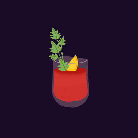 Bloody Mary, alcohol cocktail in glass. Red drink with tomato juice and vodka. Hard bar beverage with lemon piece, celery leaf and whiskey. Isolated colored flat vector illustration of cold shotのイラスト素材
