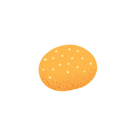 Whole wheat bun with sesame seeds. Small round bread. Cereal roll. French fresh bakery in doodle style. Colored flat vector illustration isolated on white backgroundのイラスト素材