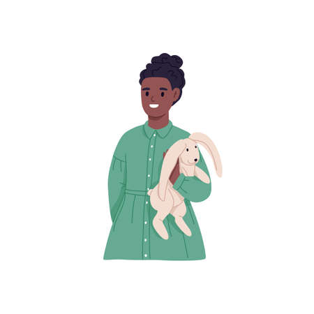 Happy black girl with bunny toy in hands. African-American kid smiling and holding stuffed rabbit. Cheerful joyful kid portrait. Colored flat vector illustration isolated on white backgroundのイラスト素材