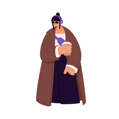 Woman with hot coffee cup in hand, listening to music in headphones outdoors. Modern person in sunglasses and earphones holding takeaway tea mug. Flat vector illustration isolated on white backgroundのイラスト素材