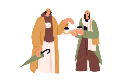 Modern couple with coffee to go. Young man and woman holding takeaway cups of hot drink. Fashion friends and paper tea mugs outdoors. Colored flat vector illustration isolated on white backgroundのイラスト素材