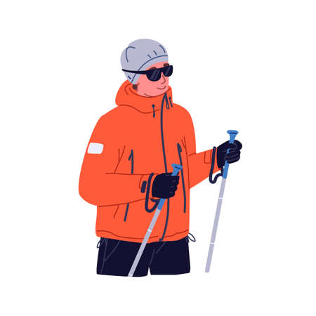 Happy hiker with trekking poles. Tourist hiking and climbing with sticks in hands. Traveler walking in winter equipment. Man in sunglasses travel. Flat vector illustration isolated on white backgroundのイラスト素材