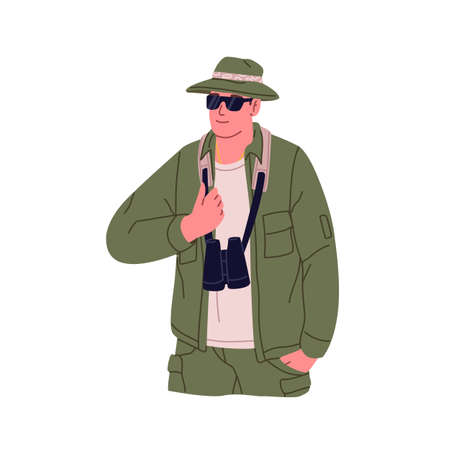 Tourist with binocular hanging on neck. Happy hiker walking and hiking on summer holiday. Man traveler in khaki hat and outfit. Flat vector illustration of person explorer isolated on white backgroundのイラスト素材