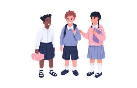 Happy junior school children. Diverse classmates portrait. Kids friends standing together. Smiling girls and boy, elementary schoolkids. Flat vector illustration isolated on white backgroundのイラスト素材