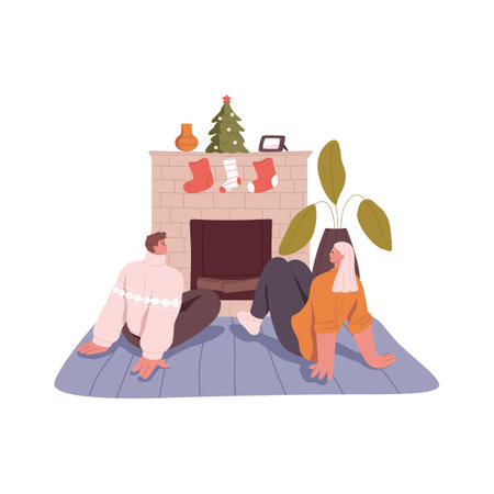 Love couple by fireplace at cozy home. Romantic man and woman sitting by fireside at Christmas eve on winter holidays. Happy people at Xmas. Flat vector illustration isolated on white backgroundのイラスト素材