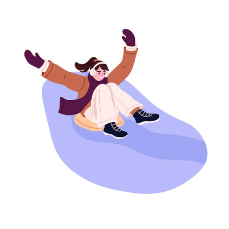 Person sliding down hill on sleds. Happy child on sledges on winter holidays. Toboggan, wintertime fun. Smiling kid riding slippery board. Flat vector illustration isolated on white backgroundのイラスト素材
