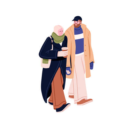Love couple walking together in winter. Man and woman going in warm clothes with hot coffee cup, holding hands. Romantic stroll in wintertime. Flat vector illustration isolated on white backgroundのイラスト素材