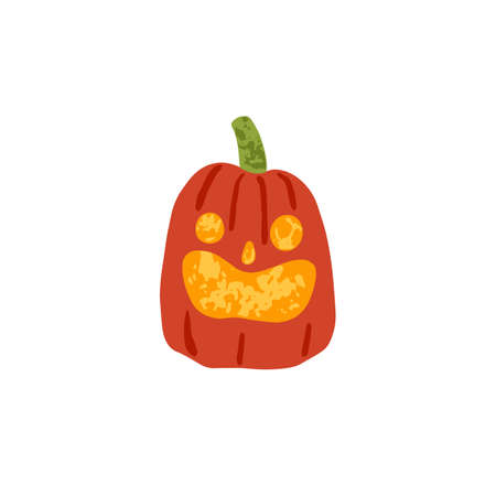 Pumpkin lantern with carved scary face. Halloween Jack, light inside. Cute and creepy squash decoration with eyes and mouth for October holiday. Flat vector illustration isolated on white backgroundのイラスト素材