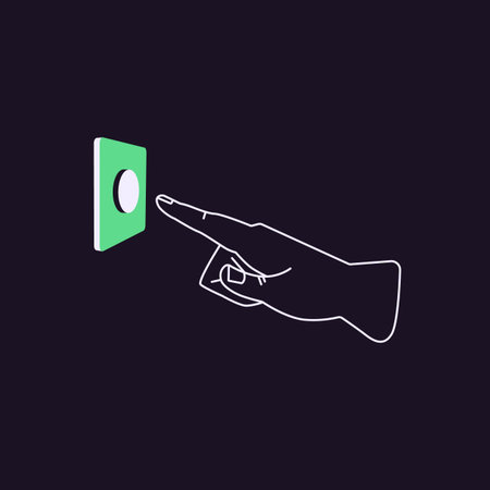 Index finger pressing power button, turning on smth. Lineart hand pushing wall doorbell. Forefinger...