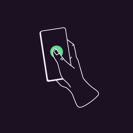 Hand hold mobile phone, pressing button on screen. Line art finger tapping, clicking on smartphone. Thumb touching abstract cellphone application, activating smth. Linear flat vector illustrationのイラスト素材