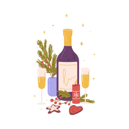 Champagne bottle and glasses. Wine with bubbles, candle and Christmas decoration composition. Wineglasses with New Year drink. Bubbly alcohol. Flat vector illustration isolated on white backgroundのイラスト素材