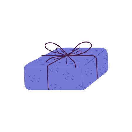 Gift box in paper wrapping, tied with string and bow. Birthday present in package. Wrapped holiday surprise with twine. Christmas giftbox icon. Flat vector illustration isolated on white backgroundのイラスト素材