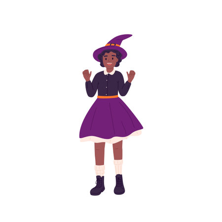 Kid in Halloween witch costume. Happy excited girl disguised for October autumn carnival. African-American child in pointy hat portrait. Flat vector illustration isolated on white backgroundのイラスト素材
