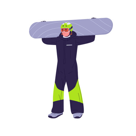 Man holding snowboard portrait. Snow board rider in helmet and glasses. Winter tourist, snowboarder in sports outfit, ready for extreme activity. Flat vector illustration isolated on white backgroundのイラスト素材