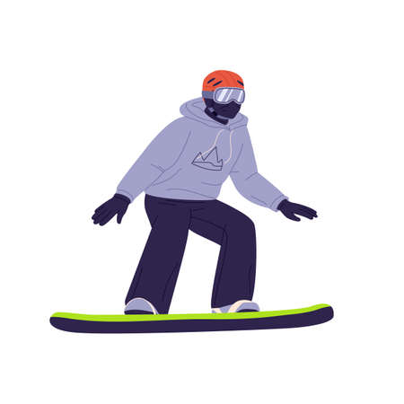 Snowboarder sliding. Active man riding snowboard. Person in helmet, glasses and winter outfit standing on snow board. Extreme sports activity. Flat vector illustration isolated on white backgroundのイラスト素材