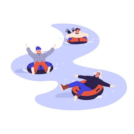 Happy family on tubings slide down slope. Mother, father and child have fun on winter holidays...