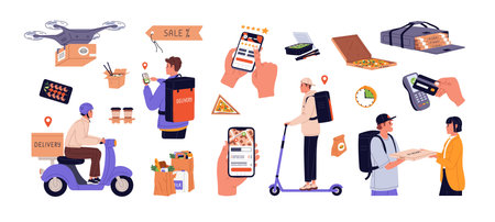 Food delivery service set. Online orders of meals, groceries, pizza through mobile app, couriers...