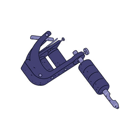 Induction coil tattoo machine. Professional ink tool. Tattooists equipment. Realistic device, instrument. Hand-drawn vector illustration isolated on white backgroundのイラスト素材
