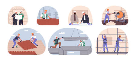 Builders at work set. Different construction workers in hard hats, working. Contactors planning and building houses. Constructors profession. Flat vector illustrations isolated on white backgroundのイラスト素材
