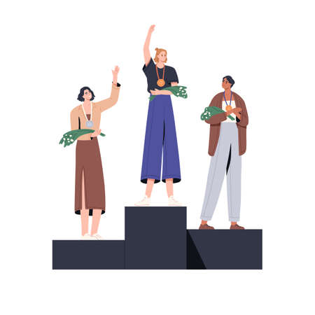 People winners on pedestal. Business women champions stand on podium with awards, celebrate victory, first and prize places on ceremony. Flat graphic vector illustration isolated on white backgroundのイラスト素材