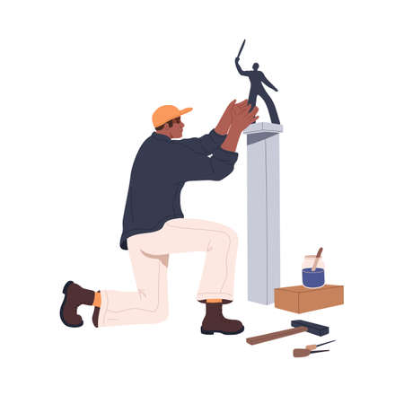 Sculptor with statue on pedestal. Artisan making sculpture. Craftsman sculpting, creating with chisel and hammer. African-American master at work. Flat vector illustration isolated on white backgroundのイラスト素材