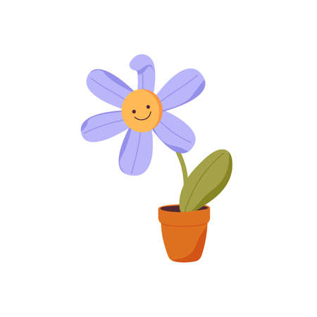 Cute flower growing in pot. Funny happy floral plant with smiling face in flowerpot. Childish bloom with eyes and mouth in planter. Kids flat vector illustration isolated on white backgroundのイラスト素材