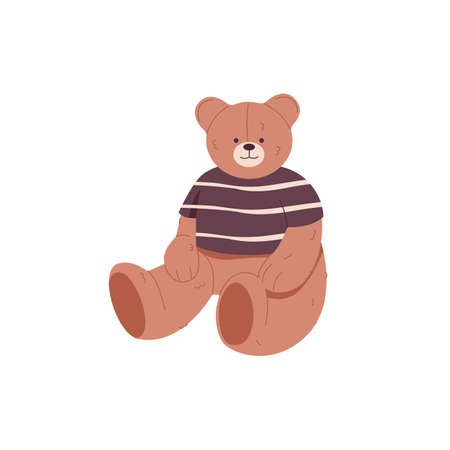 Plush teddy bear. Stuffed fluffy teddybear sitting. Childrens soft toy. Cuddly sweet cute doll animal in T-shirt. Flat vector illustration isolated on white backgroundのイラスト素材
