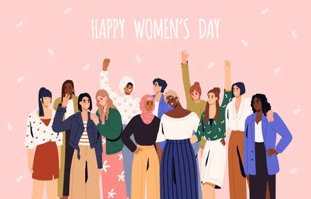 Happy Womens Day card. International multiethnic group of diverse feminists together. Different races in solidarity and sisterhood on spring female holiday, 8 March. Colored flat vector illustrationのイラスト素材
