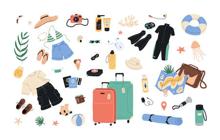 Travel items from summer holiday luggage. Tourists objects for sea vacation. Tourism stuff bundle with map, suitcase, clothes, passport, camera. Flat vector illustrations isolated on white backgroundのイラスト素材