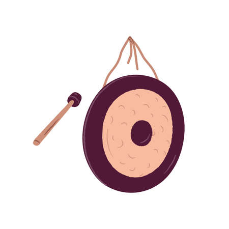 Metal circle gong and hammer for playing. Asian percussion musical instrument with mallet. Round music disc suspended on cord. Flat vector illustration isolated on white backgroundのイラスト素材
