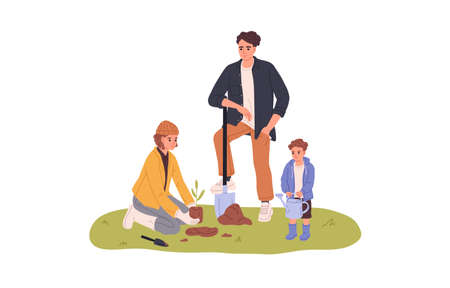 Family with kid planting tree together in nature. Parents and child, eco volunteers with seedling and spade outdoors. Father, mother and son. Flat vector illustration isolated on white backgroundのイラスト素材