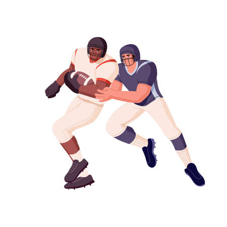 Rugby players during sports game. Athlete in helmet attacking, tackling. Fight in American football. Rivals running, struggling, competing. Flat vector illustration isolated on white backgroundのイラスト素材