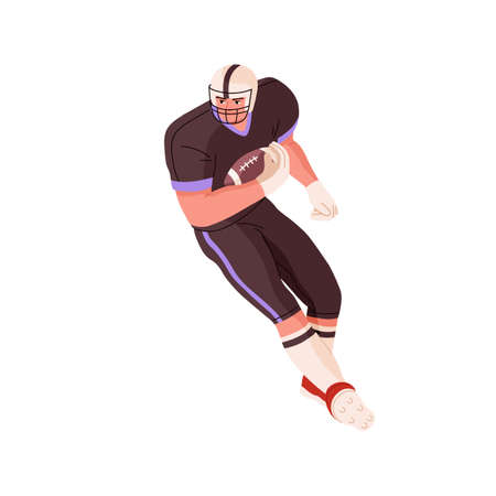 Rugby player holding caught ball in hand and running away. American football athlete in helmet and sports uniform. Man playing active game. Flat vector illustration isolated on white backgroundのイラスト素材