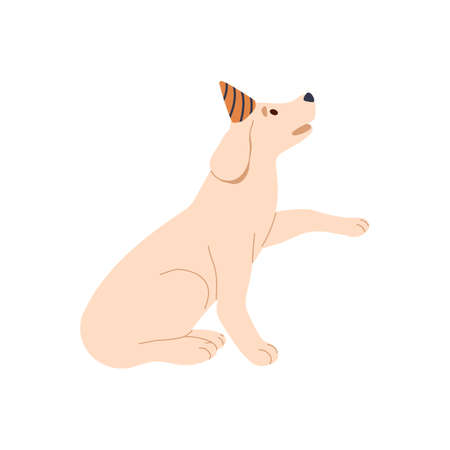 Cute birthday dog in party hat. Adorable funny doggy wearing bday cap. Canine animal celebrates holiday. Lovely labrador puppy with raised paw. Flat vector illustration isolated on white backgroundのイラスト素材