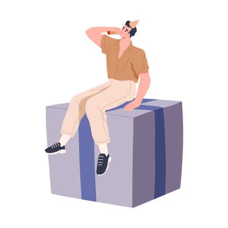 Happy man in birthday hat, sitting on big gift box. Person congratulating with holiday. Guy on huge present, surprise, blowing in festive pipe. Flat vector illustration isolated on white backgroundのイラスト素材
