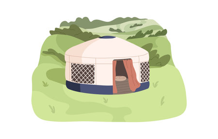 Modern yurt in nature. Nomadic house outdoors. Camping tent, remote fabric home in village for summer tourism, relaxation in Mongolia. Flat vector illustration isolated on white backgroundのイラスト素材