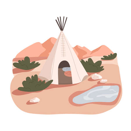 Modern wigwam house in nature. Teepee shelter for camping. Comfortable tepee, wickiup tent outdoors for trendy remote summer recreation. Flat vector illustration isolated on white backgroundのイラスト素材