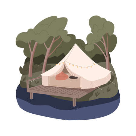 Premium tent in nature. Modern comfortable camping, glamping in forest by water. Remote cosy place outdoor for peaceful relaxation. Flat vector illustration isolated on white backgroundのイラスト素材