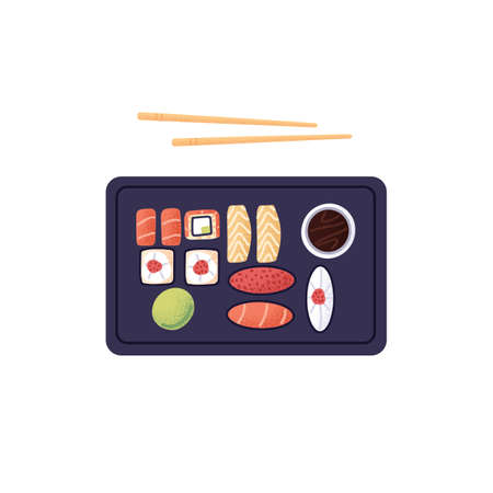 Sushi box set with chopsticks. Japanese sea food with rice, red fish, tuna, salmon, caviar and nori. Japan rolls, maki and nigiri with sauces. Flat vector illustration isolated on white background.のイラスト素材