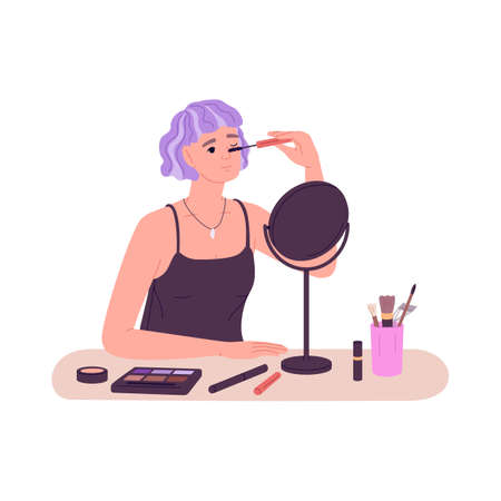 Young woman doing eyes makeup, applying mascara behind mirror. Female during home make-up, makeover, putting on cosmetics. Self beauty routine. Flat vector illustration isolated on white backgroundのイラスト素材