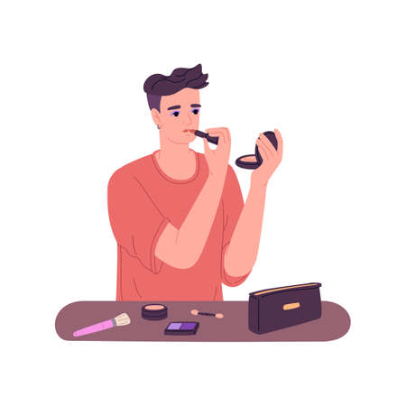 Woman doing self makeup, applying lipstick on lips with pocket mirror. Female during home make-up, makeover with cosmetics. Beauty routine. Flat vector illustration isolated on white backgroundのイラスト素材