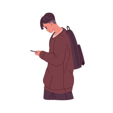 Young modern person using mobile phone, holding in hand and surfing social media, internet. Man student with smartphone, texting, reading. Flat vector illustration isolated on white backgroundのイラスト素材