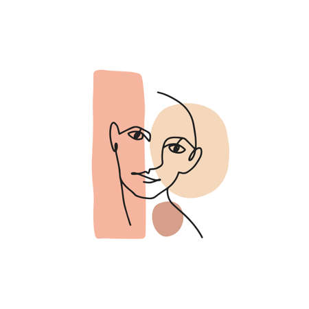 Continuous one line woman portrait in lineart style. Abstract linear girl beauty face. Fashion trendy minimalistic drawing of lady. Modern contoured vector illustration isolated on white backgroundのイラスト素材