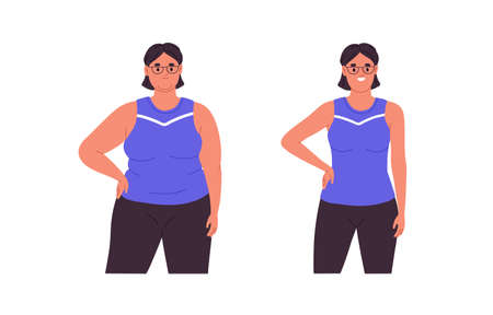 Before and after weight loss. Woman with fat and slim body comparison. Figure, shapes transformation, changing, losing overweight concept. Flat vector illustration isolated on white backgroundのイラスト素材